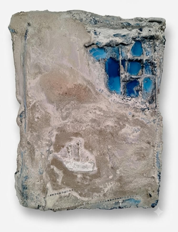 a mid-size industrial process-based abstract painting by Richard Elliott featuring a fossil ship in rock with blue crystal corner
