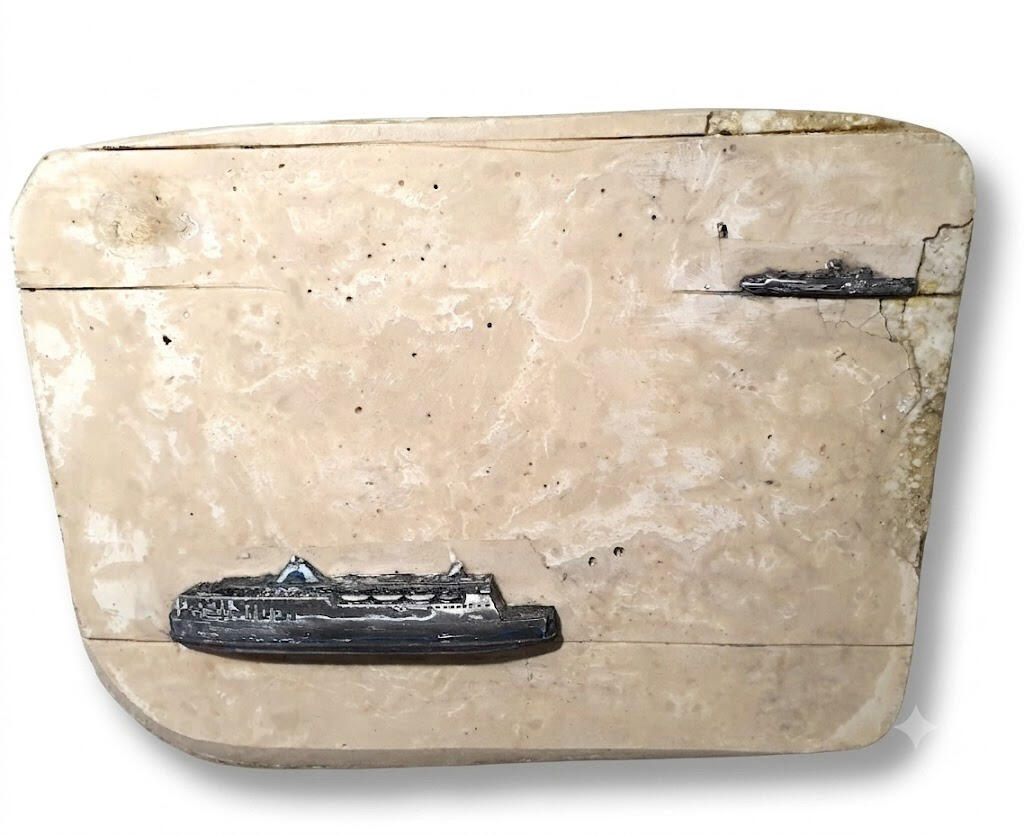 Monument, a large monumental canvas painting with heavy sculptural plaster layers with 2 ships by Richard Elliott