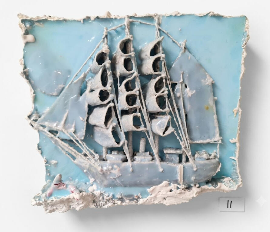 Blue Ship, a thick sculptural painting incorporating a maritime vessel motif by Richard Elliott.