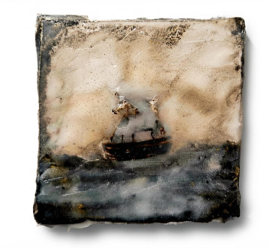Low Tide Ship, a small-scale abstract maritime painting featuring an obscured vessel by Richard Elliott