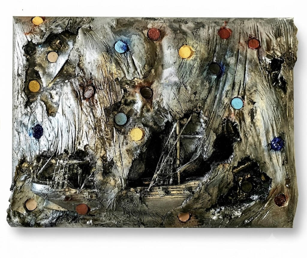 ship encased in silver net by Richard elliott