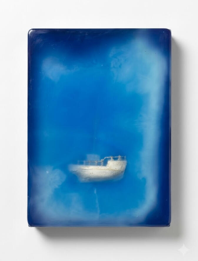 High Tide, a resin-coated tactile seascape painting on board with submerged boat in milky blue sea by Richard Elliott