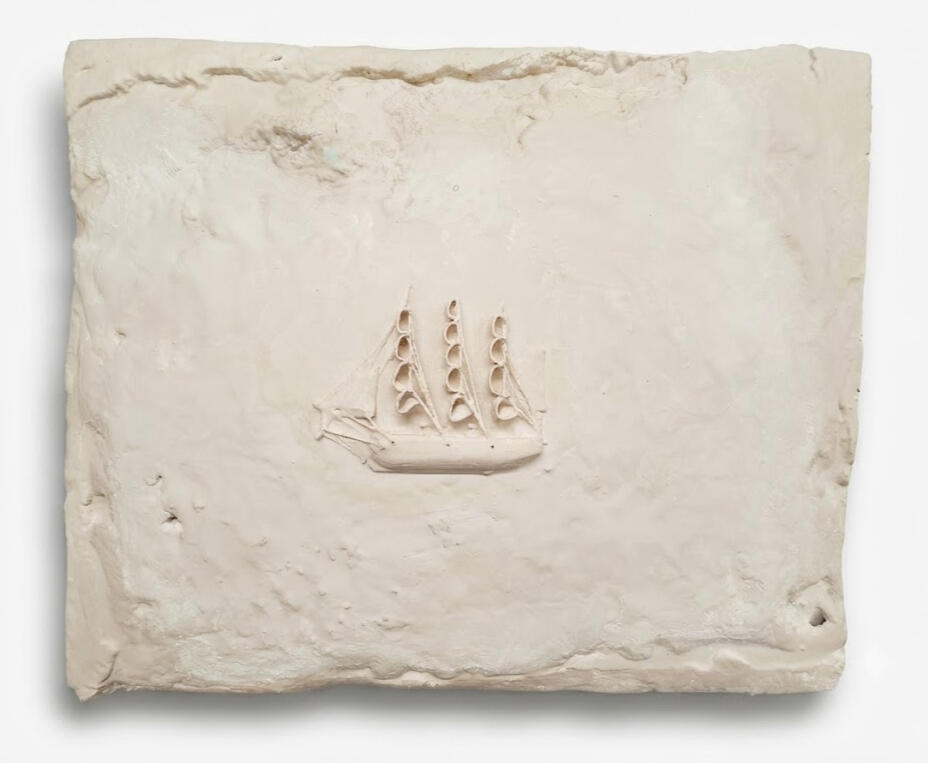 Monument II, a heavily textured painting on canvas with a ship on a plaster weathered background by Richard Elliott