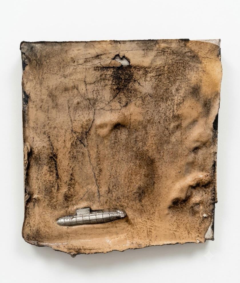 Ghost, a heavy textural process painting with a submarine on canvas by Richard Elliott